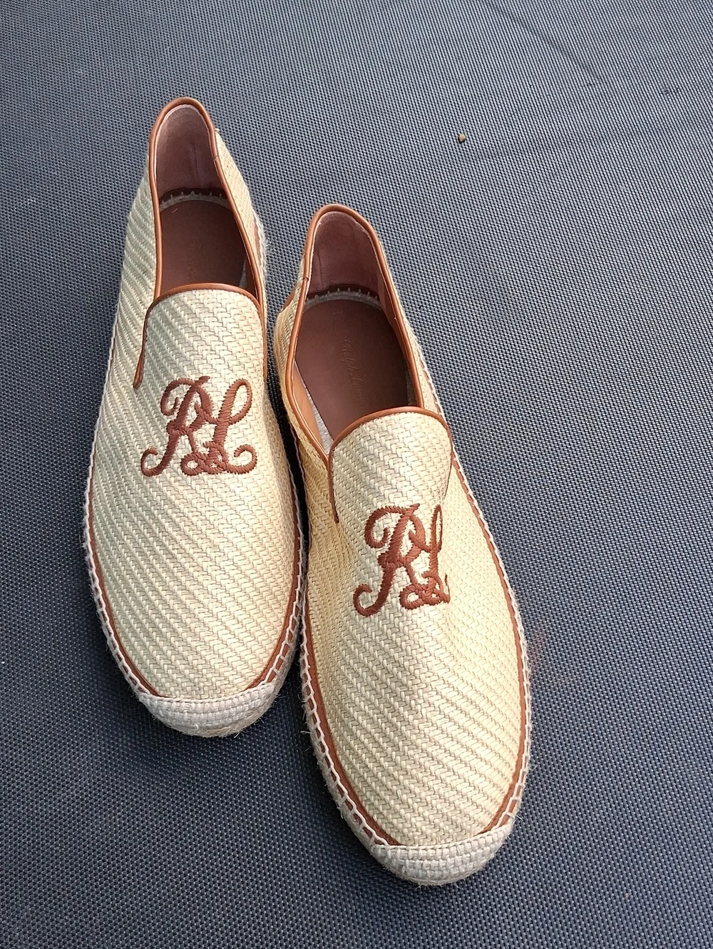 Ralph Lauren Cream Woven Slip-On Loafers with Brown Trim and Embroidered RL